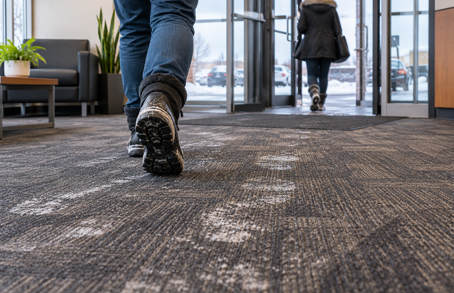 Snow and salt tracked onto commercial carpet at a Fargo business entrance in winter