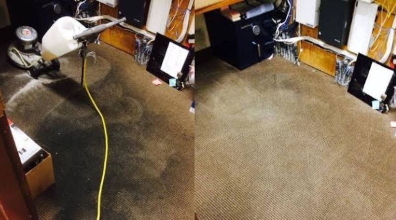 Before and after commercial equipment room carpet deep cleaning