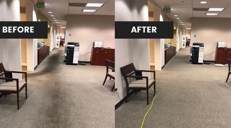 Before and after commercial office hallway carpet steam cleaning in Fargo