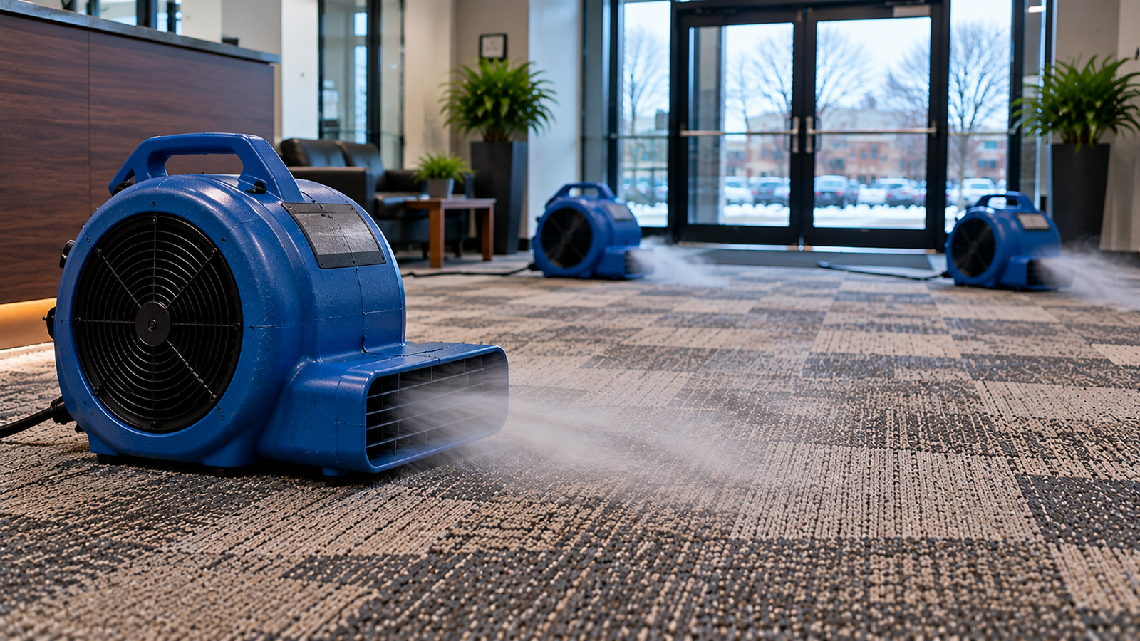 Air movers drying commercial carpet after steam cleaning