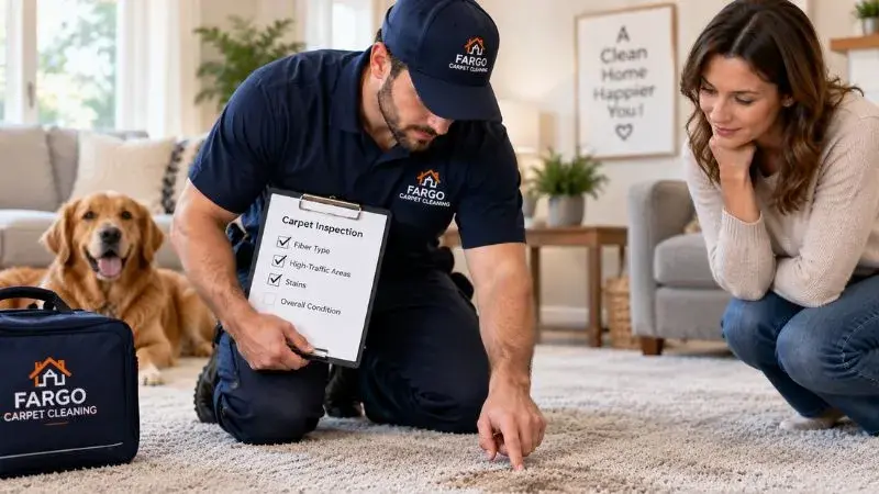 Technician inspecting carpet fibers before steam cleaning