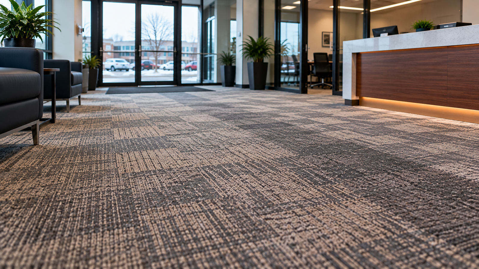 Office lobby carpet ready for inspection before commercial cleaning