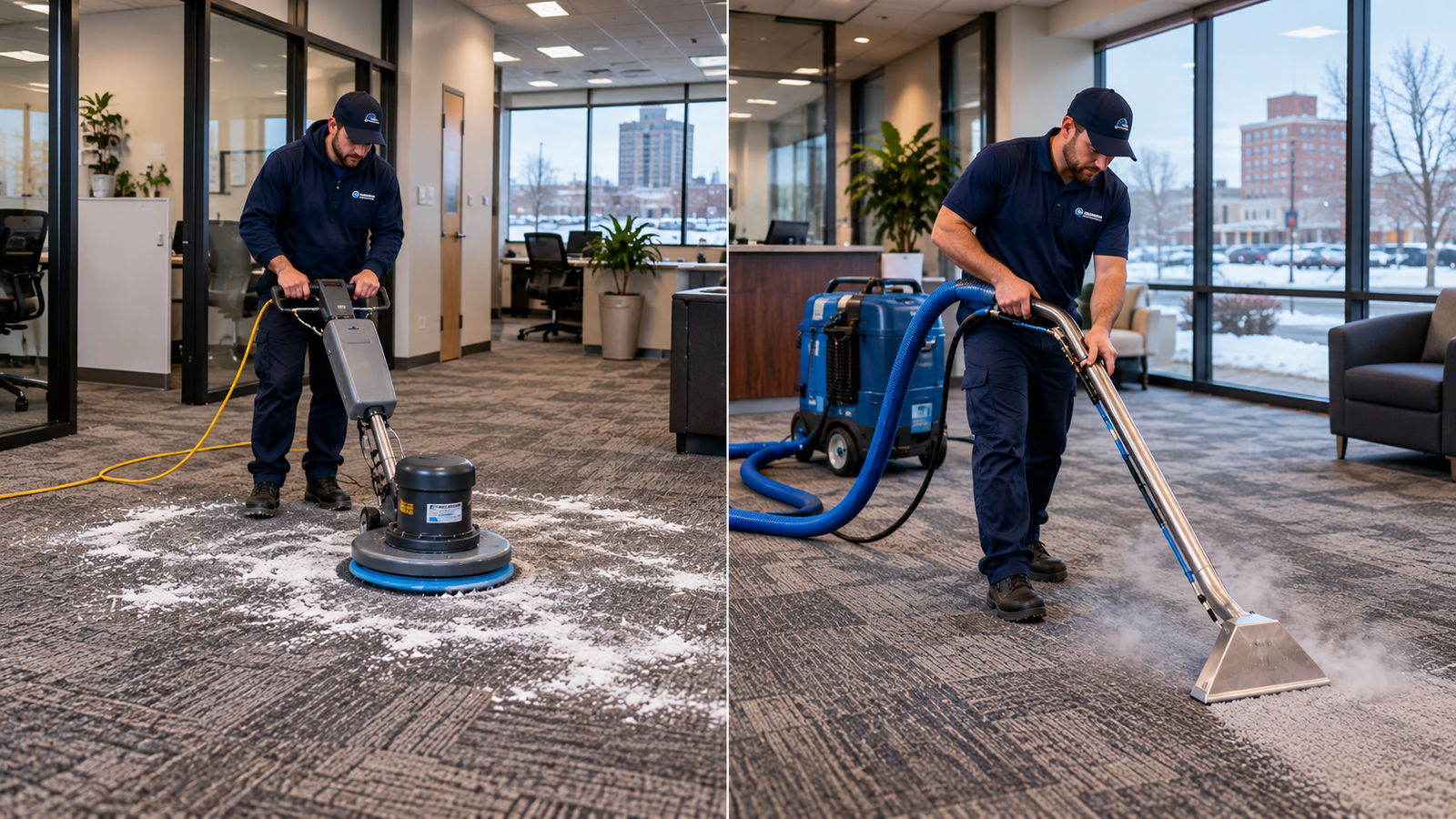 Commercial carpet buffing and hot water extraction in a Fargo office