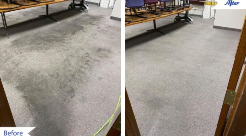 Before and after conference room carpet steam cleaning results