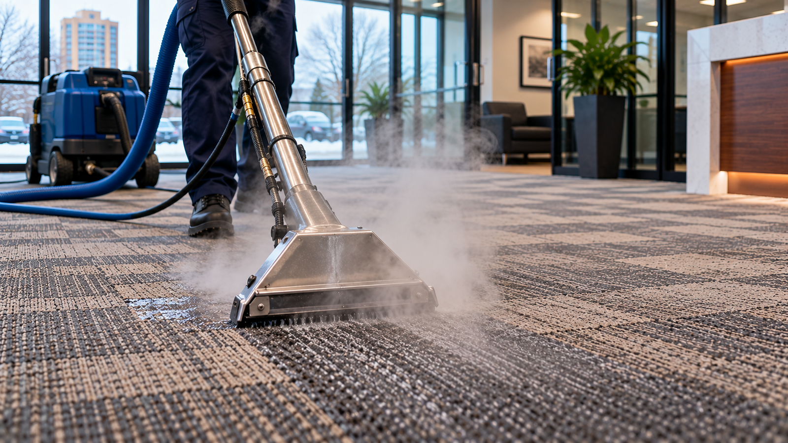 Carpet grooming pass after commercial steam cleaning