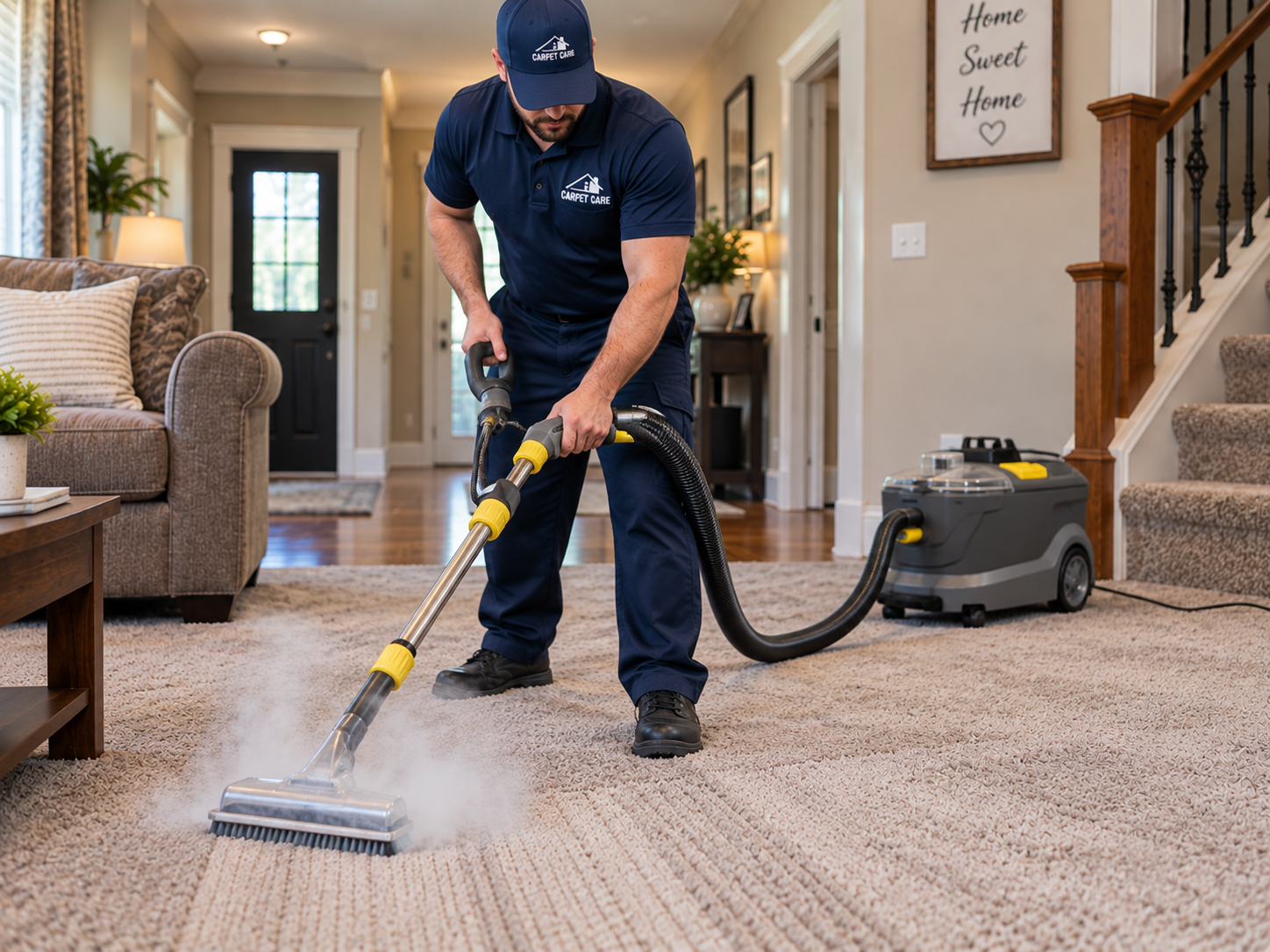 Grooming carpet fibers after steam cleaning