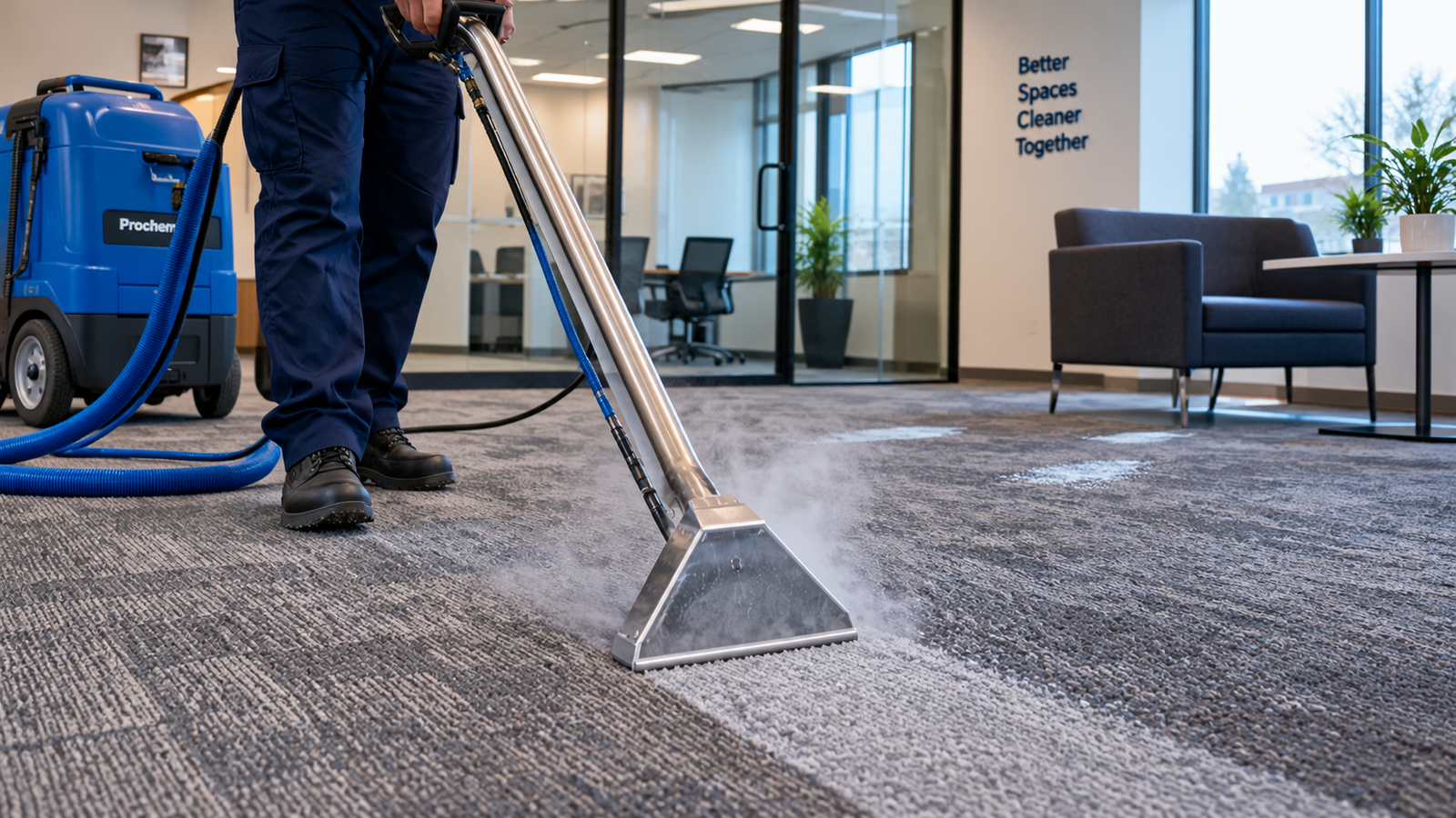 Hot water extraction cleaning wand on commercial carpet