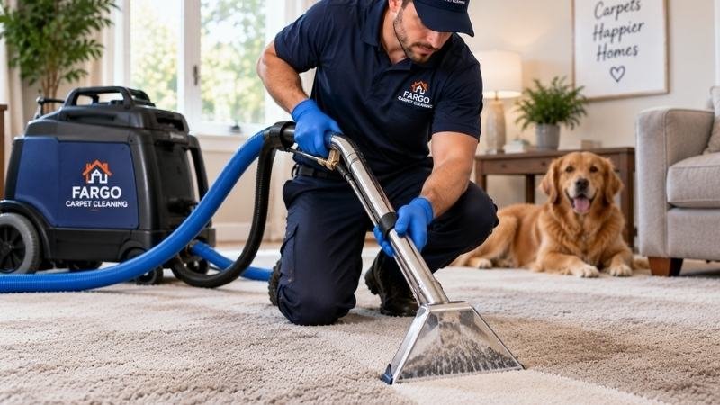 Technician performing hot-water extraction carpet cleaning in Fargo, ND