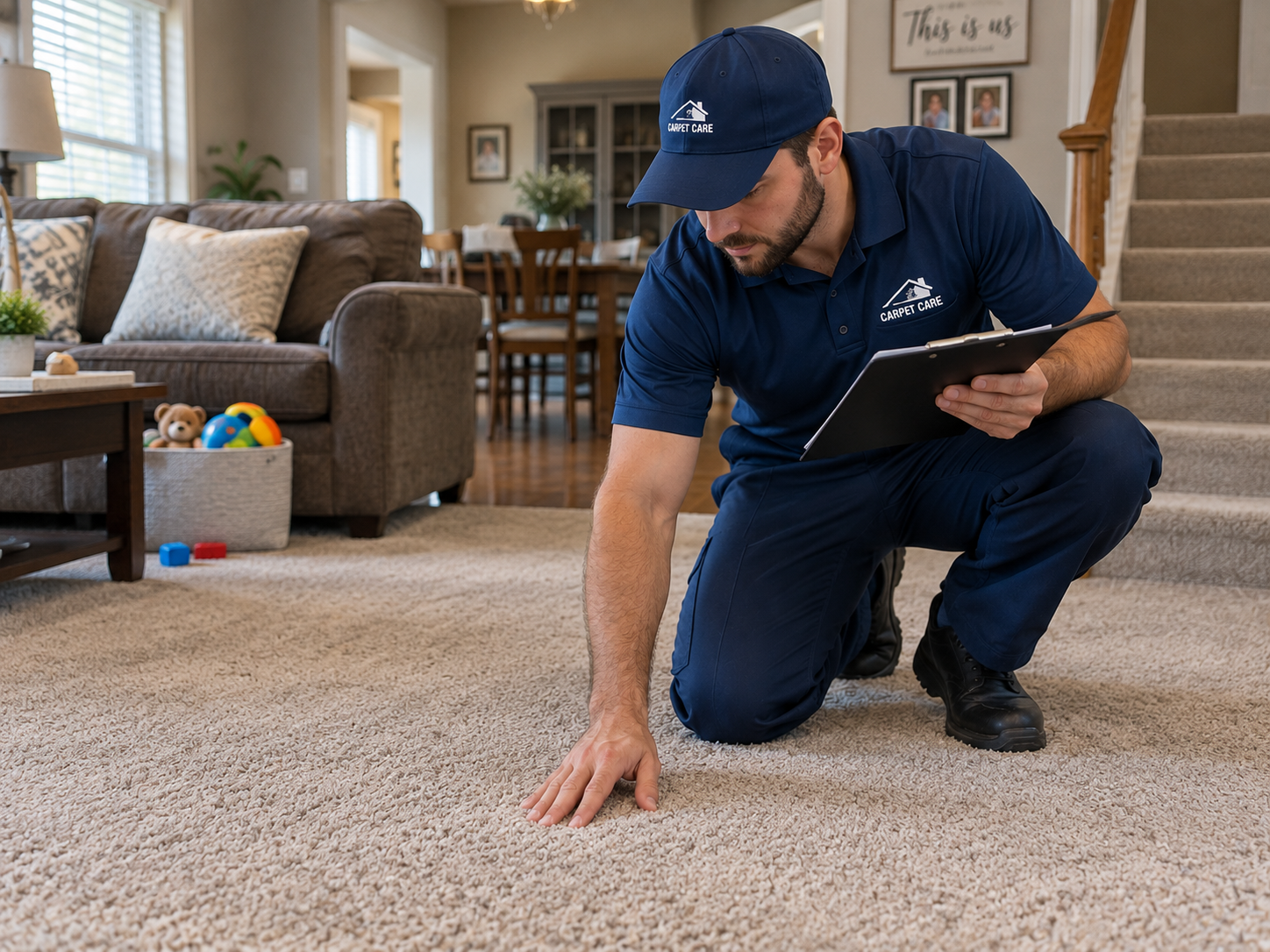 Technician performing pre-inspection before residential carpet cleaning