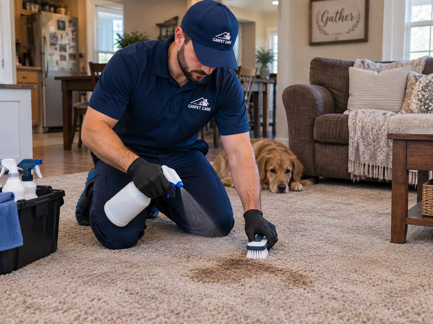 Pre-treatment of stains before residential carpet cleaning