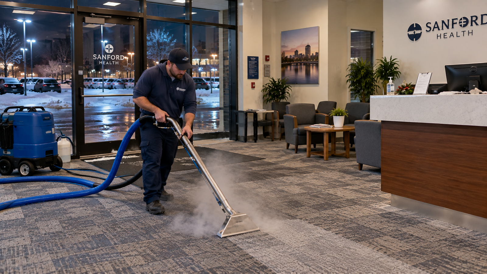 Hot water extraction carpet cleaning in a Fargo business lobby