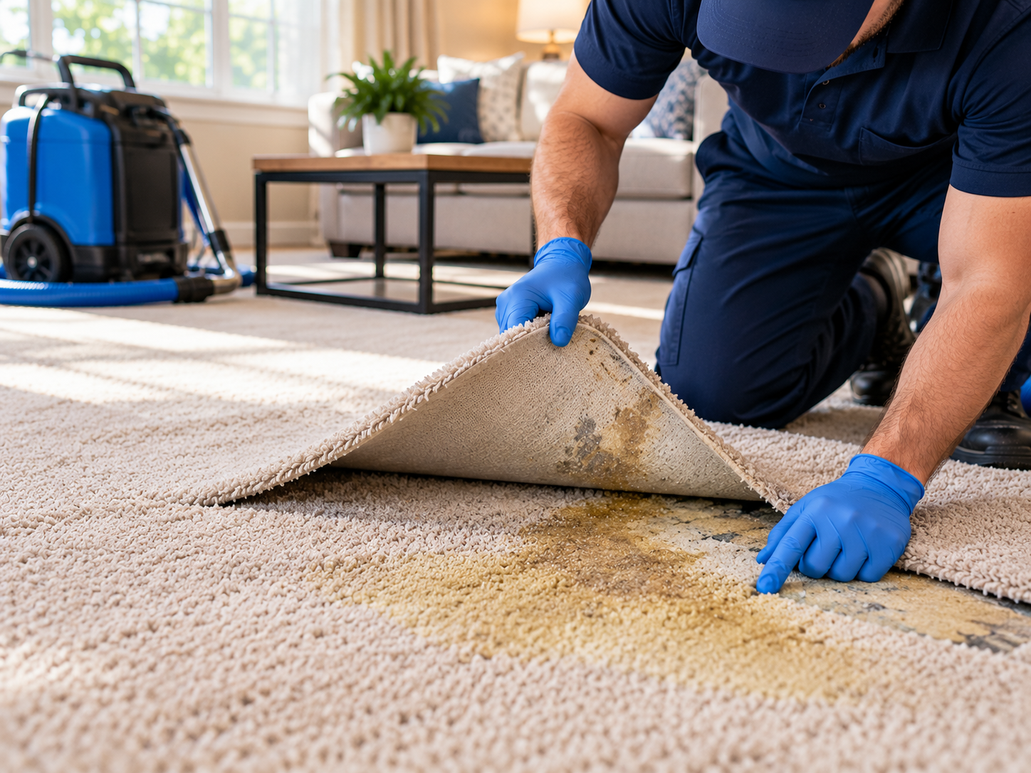 Visible surface stain on carpet before treatment