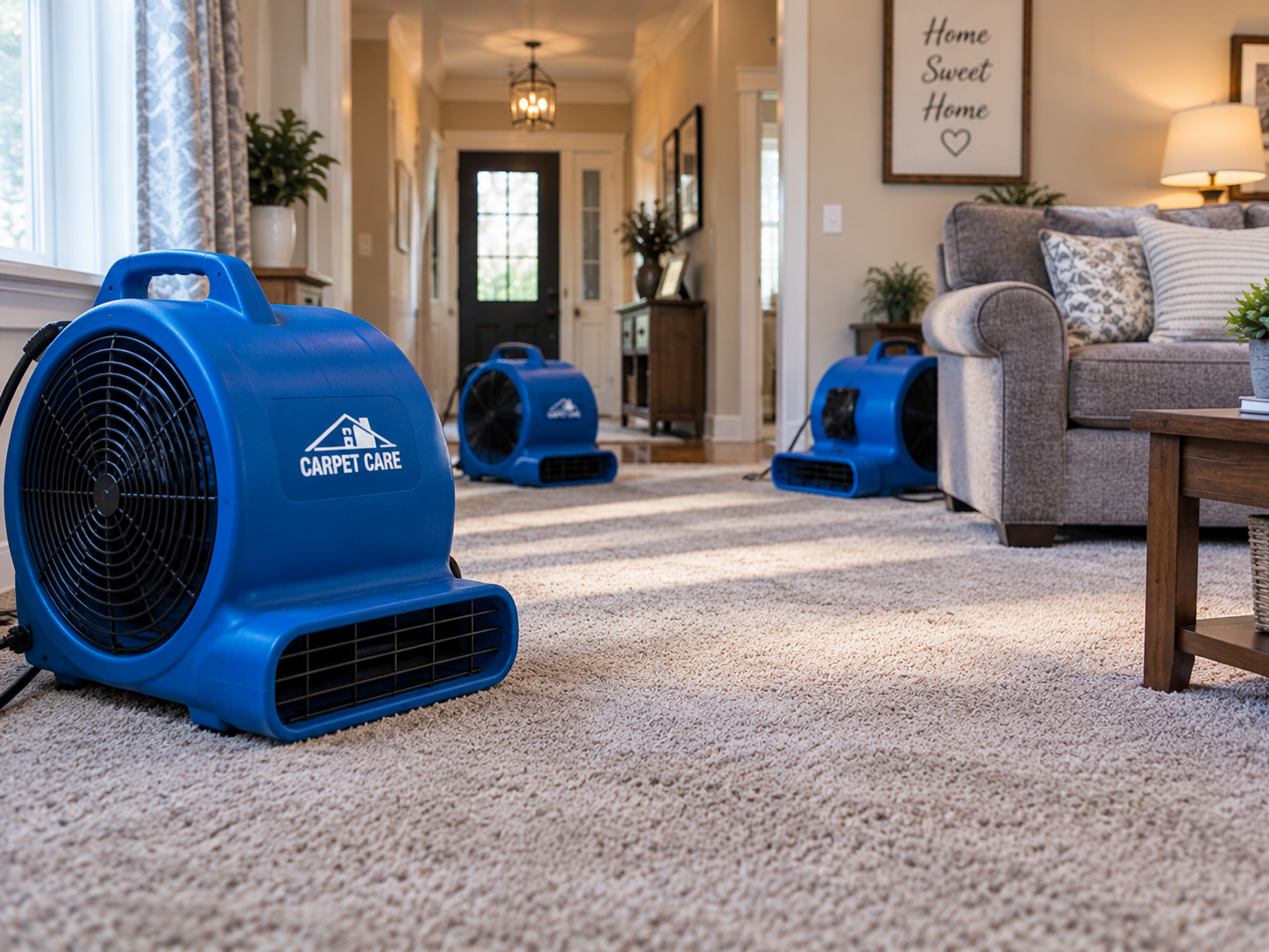 Carpet drying after residential steam cleaning